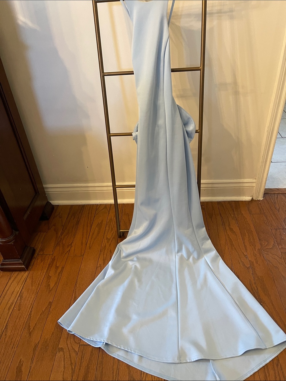 Goddess Pale Blue Satin Maxi Dress with Train